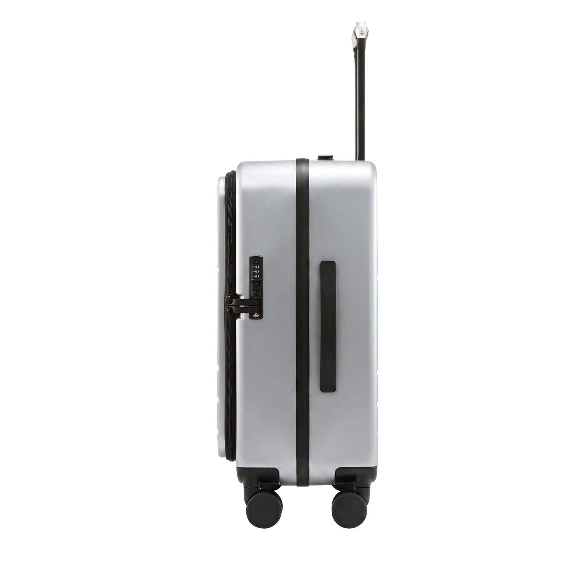 LUGGEX FLA front open carry-on suitcase with reinforced side foot pads and rivet-free aluminum frame—designed to protect the shell when placed on its side.


