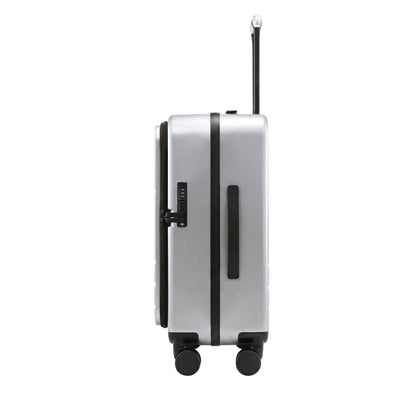 LUGGEX FLA front open carry-on suitcase with reinforced side foot pads and rivet-free aluminum frame—designed to protect the shell when placed on its side.


