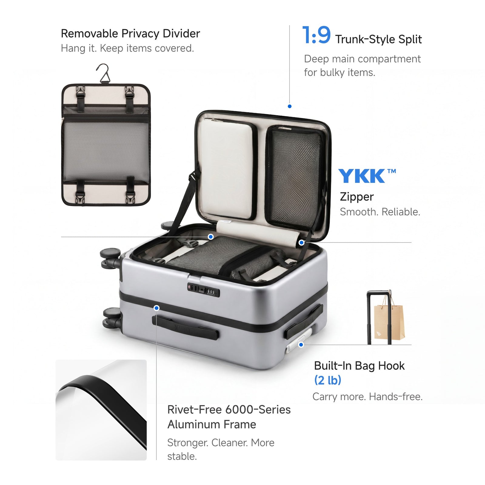 LUGGEX FLA front open carry-on suitcase with reinforced side foot pads and rivet-free aluminum frame—designed to protect the shell when placed on its side.


