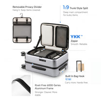 LUGGEX FLA front open carry-on suitcase with reinforced side foot pads and rivet-free aluminum frame—designed to protect the shell when placed on its side.

