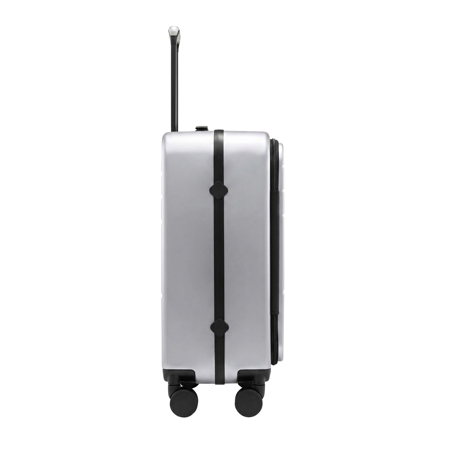 LUGGEX FLA front open carry-on suitcase with reinforced side foot pads and rivet-free aluminum frame—designed to protect the shell when placed on its side.

