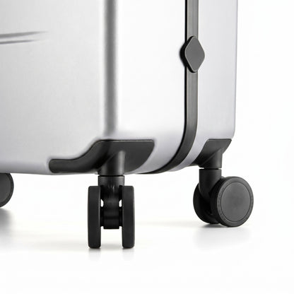 LUGGEX FLA front open carry-on suitcase with reinforced side foot pads and rivet-free aluminum frame—designed to protect the shell when placed on its side.

