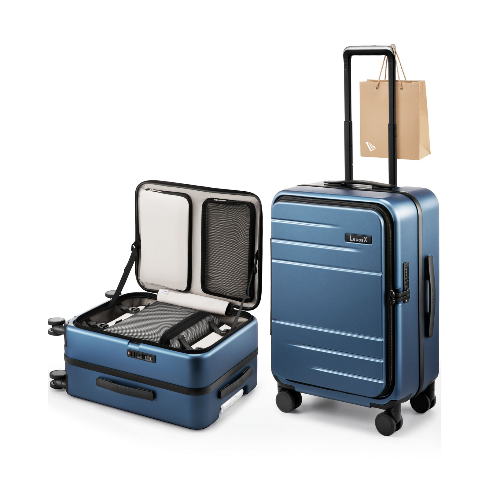100% polycarbonate hard shell, and reinforced aluminum frame for durable protection and long-term travel use. #LUGGEX FLA top-open bigger carry-on suitcase with a rivet-free aluminum frame and 100% polycarbonate hard shell, trunk-style interior, and built-in bag hook — designed for spacious, worry-free travel.
#color_blue #show