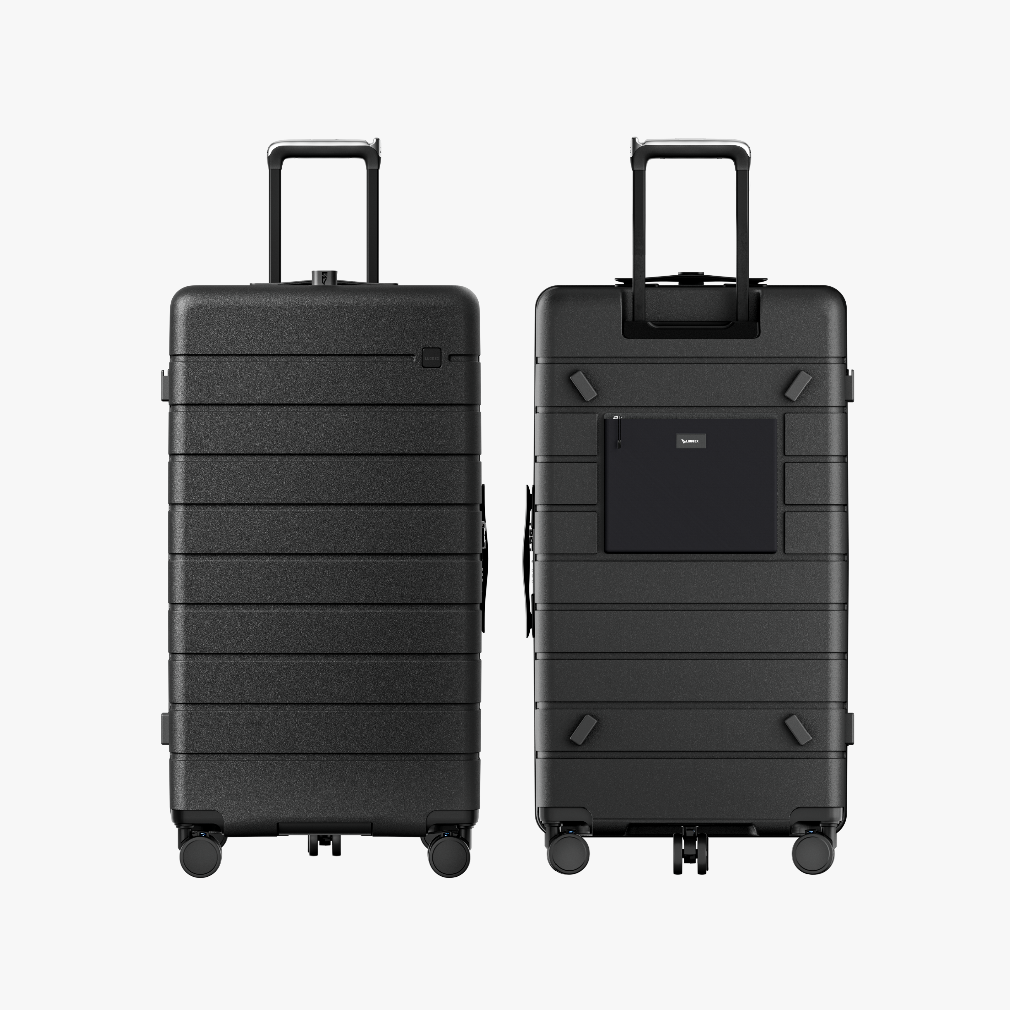 Front and back view of HUP 30-inch trunk check-in luggage showing structured shell design, rear panel details, and stable 5-wheel base for balanced travel. #color_black