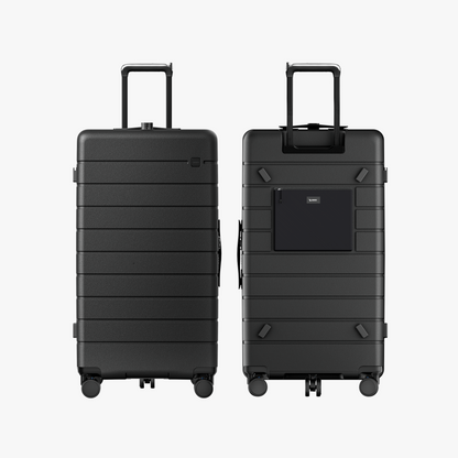 Front and back view of HUP 30-inch trunk check-in luggage showing structured shell design, rear panel details, and stable 5-wheel base for balanced travel. #color_black