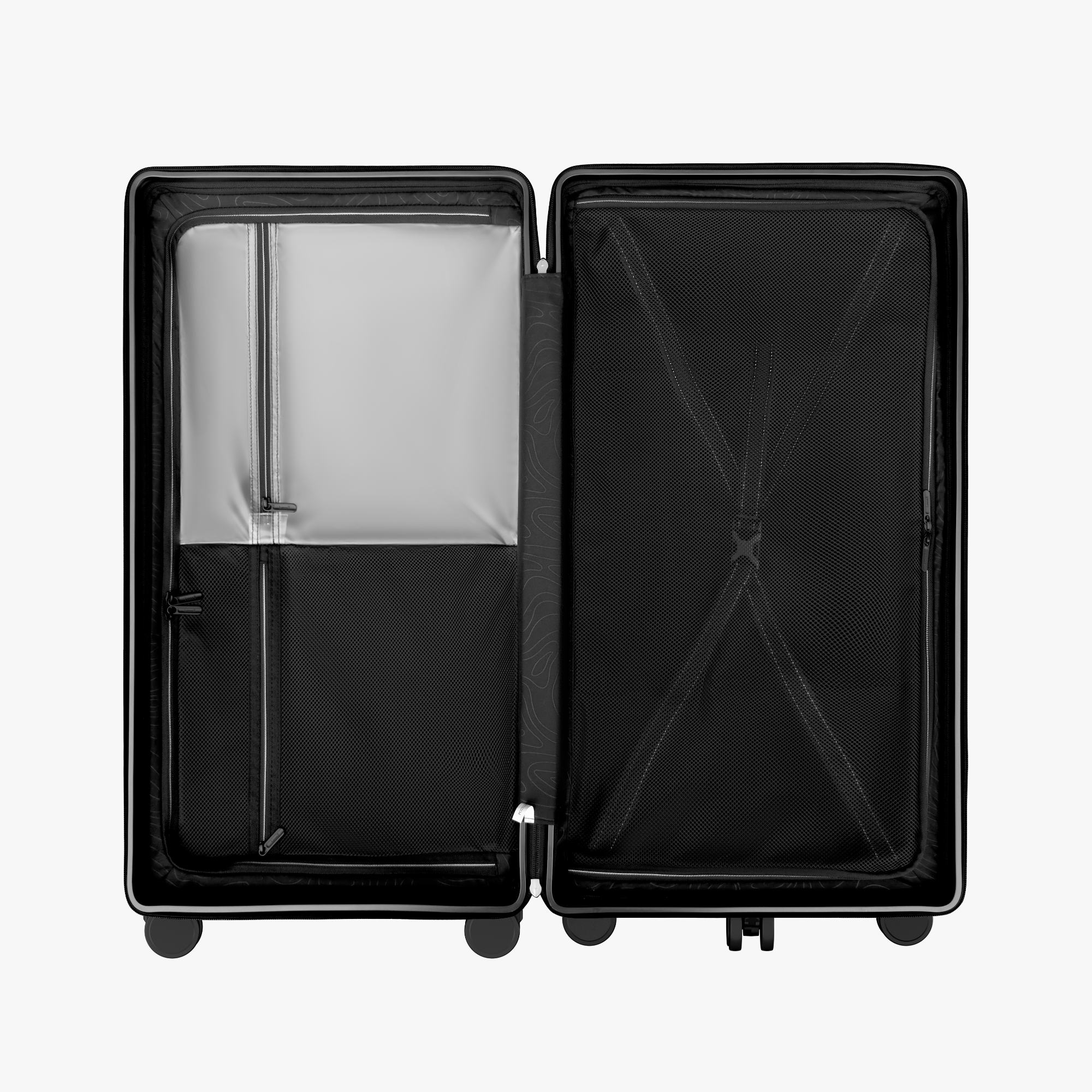 Open HUP 30-inch trunk luggage showing dual-compartment interior with zippered divider, compression straps, and waterproof pocket for organized and secure packing. #show #color_black