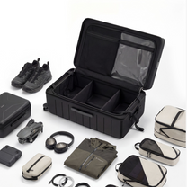 HUP 30-inch trunk luggage interior with organized compartments, showing large-capacity packing for clothes, shoes, electronics, and travel essentials. #show #color_black 