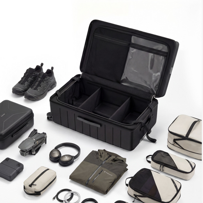 HUP 30-inch trunk luggage interior with organized compartments, showing large-capacity packing for clothes, shoes, electronics, and travel essentials. #show #color_black 