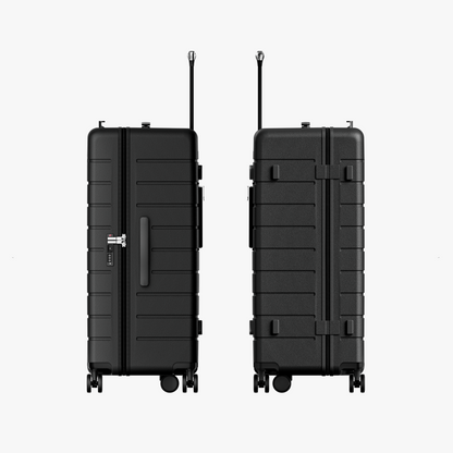 Side view of HUP 30-inch trunk luggage showing deep 3:7 storage design compared to standard suitcase, built for larger capacity and more stable packing. #show #color_black