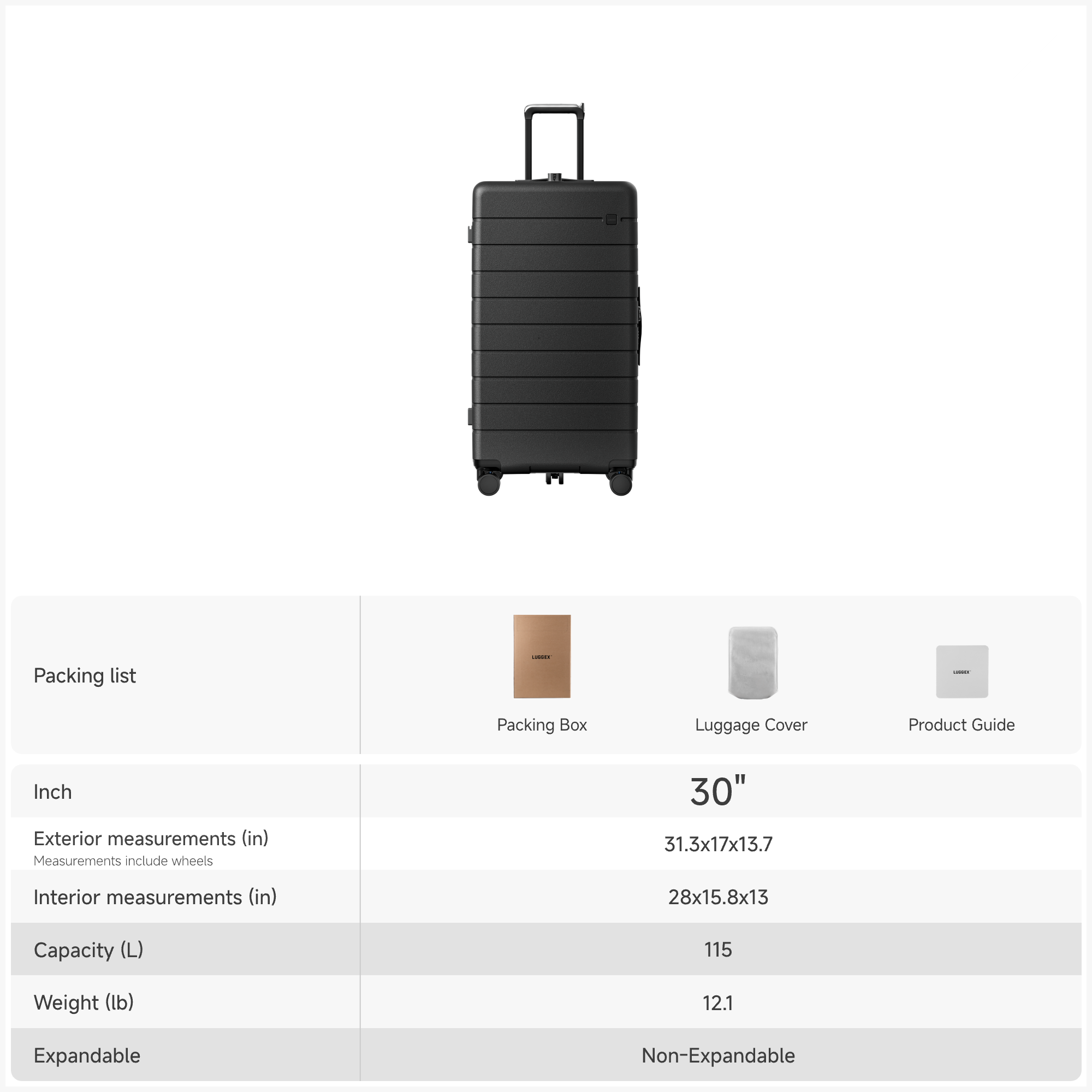 HUP 30-inch trunk luggage specifications showing exterior and interior dimensions, 115L capacity, weight, non-expandable design, and included packing box, luggage cover, and product guide. #color_black