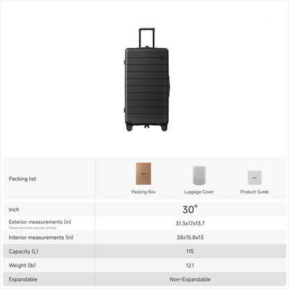 HUP 30-inch trunk luggage specifications showing exterior and interior dimensions, 115L capacity, weight, non-expandable design, and included packing box, luggage cover, and product guide. #color_black