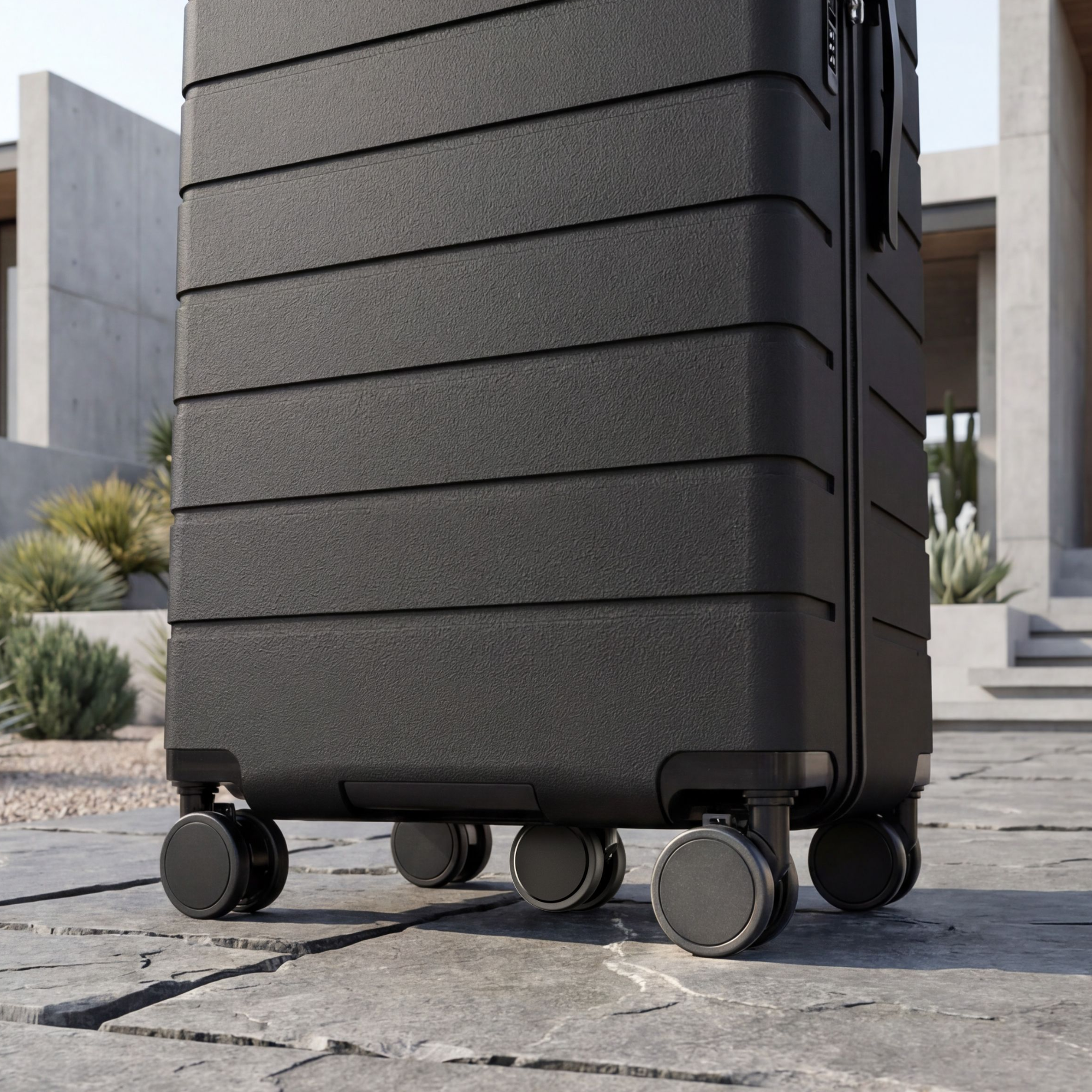 Close-up of HUP 30-inch trunk luggage with 5 shock-absorbing spinner wheels, designed for smooth, stable rolling on uneven outdoor surfaces. #color_black