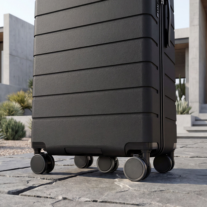 Close-up of HUP 30-inch trunk luggage with 5 shock-absorbing spinner wheels, designed for smooth, stable rolling on uneven outdoor surfaces. #color_black