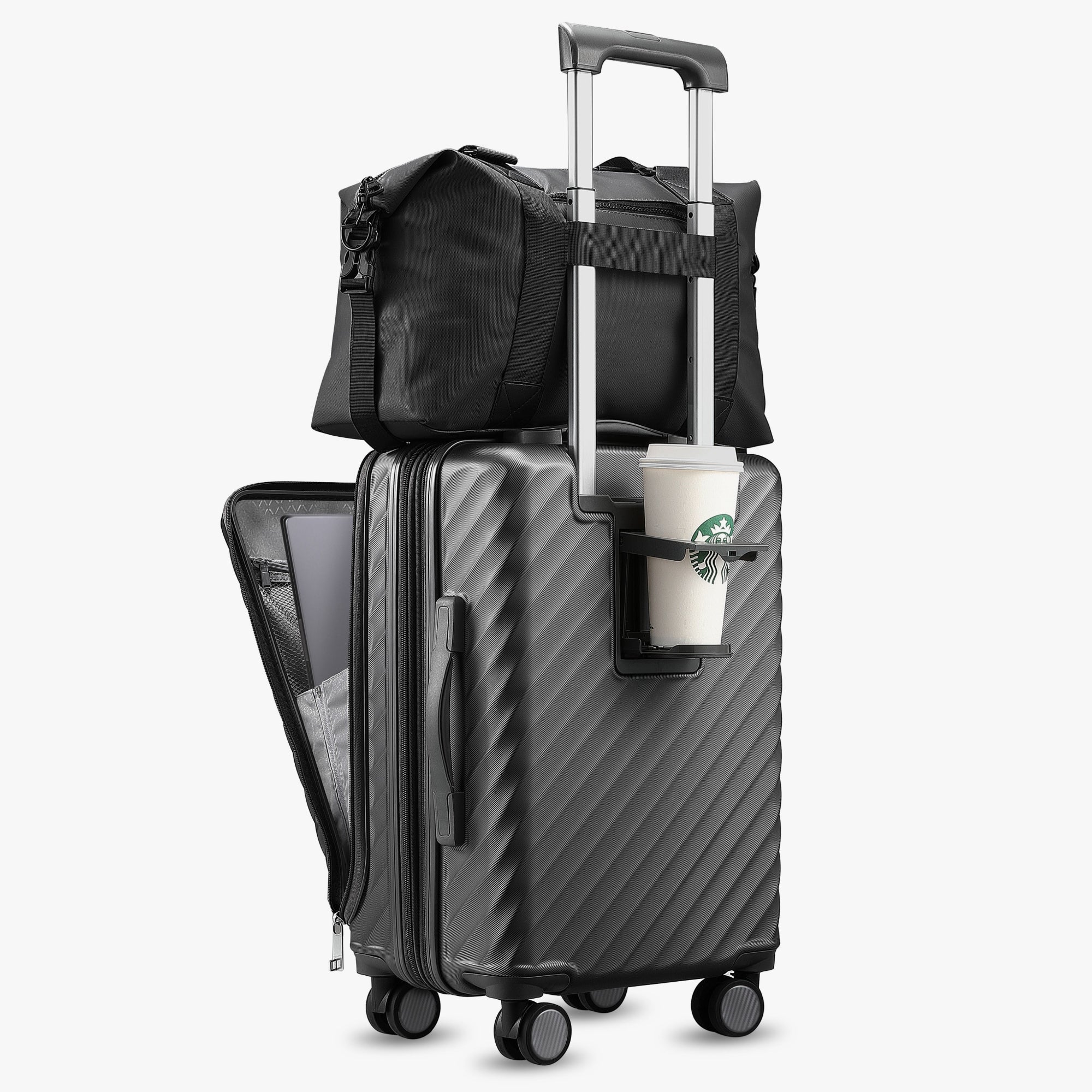 Front-open carry-on luggage with cup holder #show