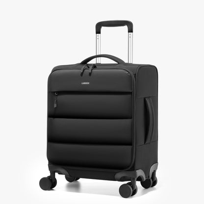 LUGGEX 16-inch lightweight puffy underseat carry-on luggage with spinner wheels, compact travel suitcase designed to fit under airplane seats and overhead bins. #show color-black