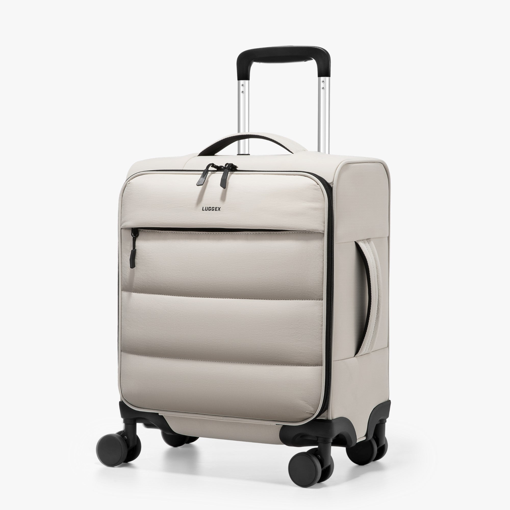 LUGGEX 16-inch lightweight puffy underseat carry-on luggage with spinner wheels, compact travel suitcase designed to fit under airplane seats and overhead bins. #show color-beige