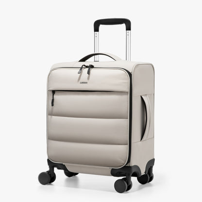 LUGGEX 16-inch lightweight puffy underseat carry-on luggage with spinner wheels, compact travel suitcase designed to fit under airplane seats and overhead bins. #show color-beige