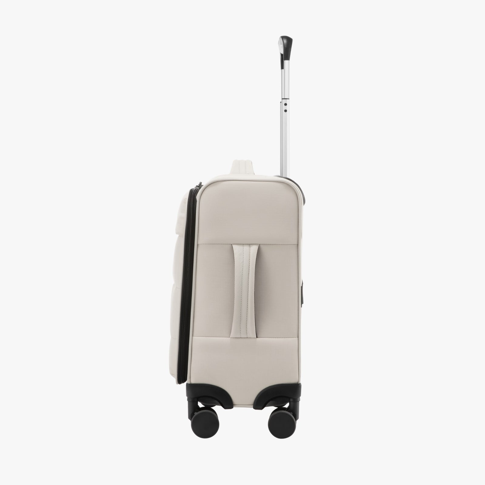 LUGGEX 16-inch underseat carry-on suitcase side profile showing compact puffy design and smooth spinner wheels. 
