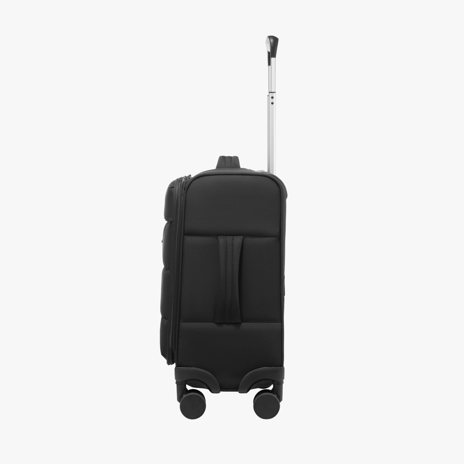 LUGGEX 16-inch underseat carry-on suitcase side profile showing compact puffy design and smooth spinner wheels. 
