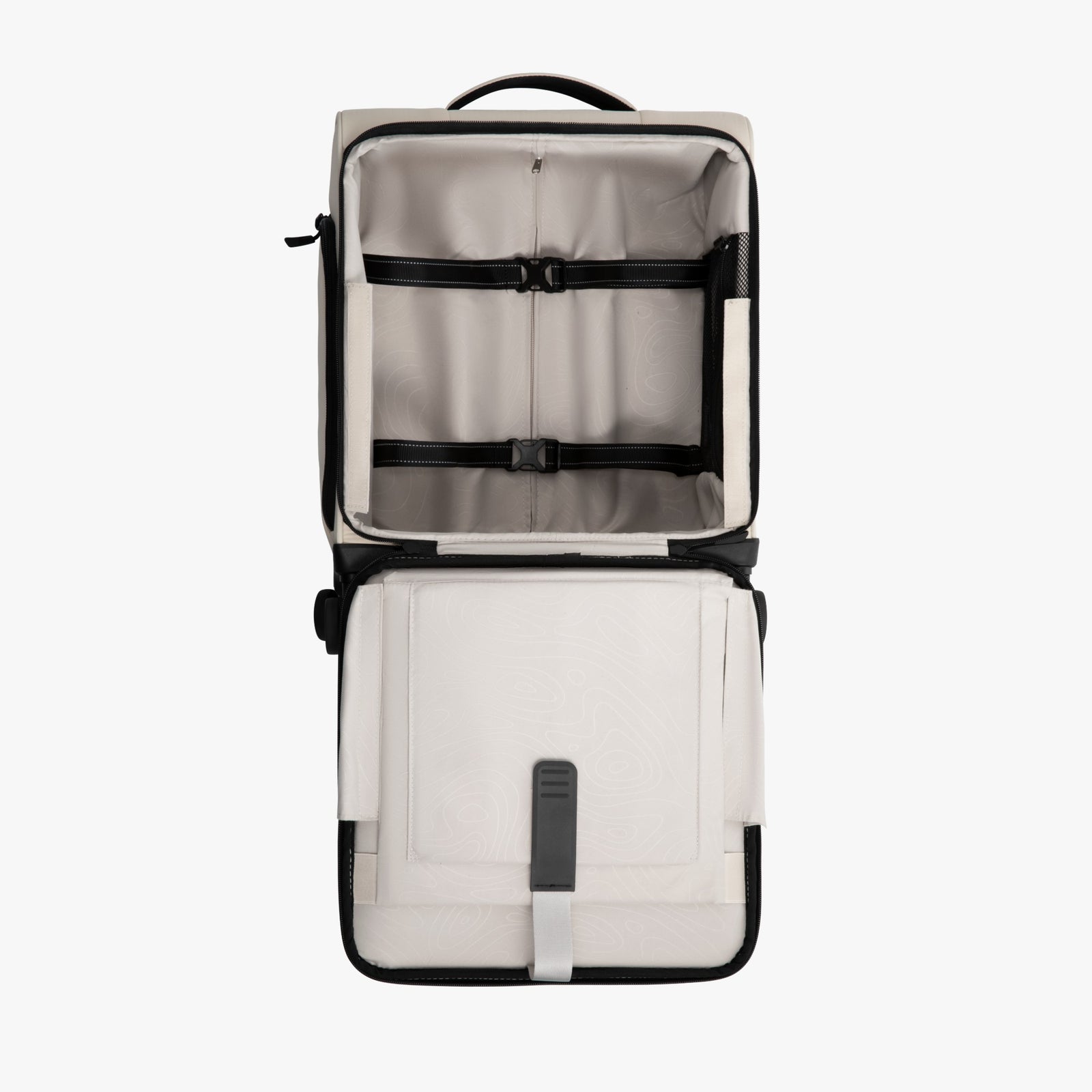 LUGGEX 16-inch underseat carry-on luggage interior with organized compartments, soft peach-skin lining, and front-open design for easy packing and quick access to travel essentials.

