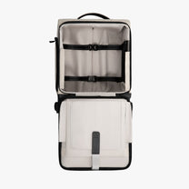 LUGGEX 16-inch underseat carry-on luggage interior with organized compartments, soft peach-skin lining, and front-open design for easy packing and quick access to travel essentials.
