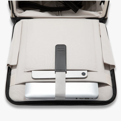 Laptop and tablet compartment inside LUGGEX 16-inch underseat carry-on, designed to securely fit up to a 14-inch laptop and iPad for organized and convenient travel.
