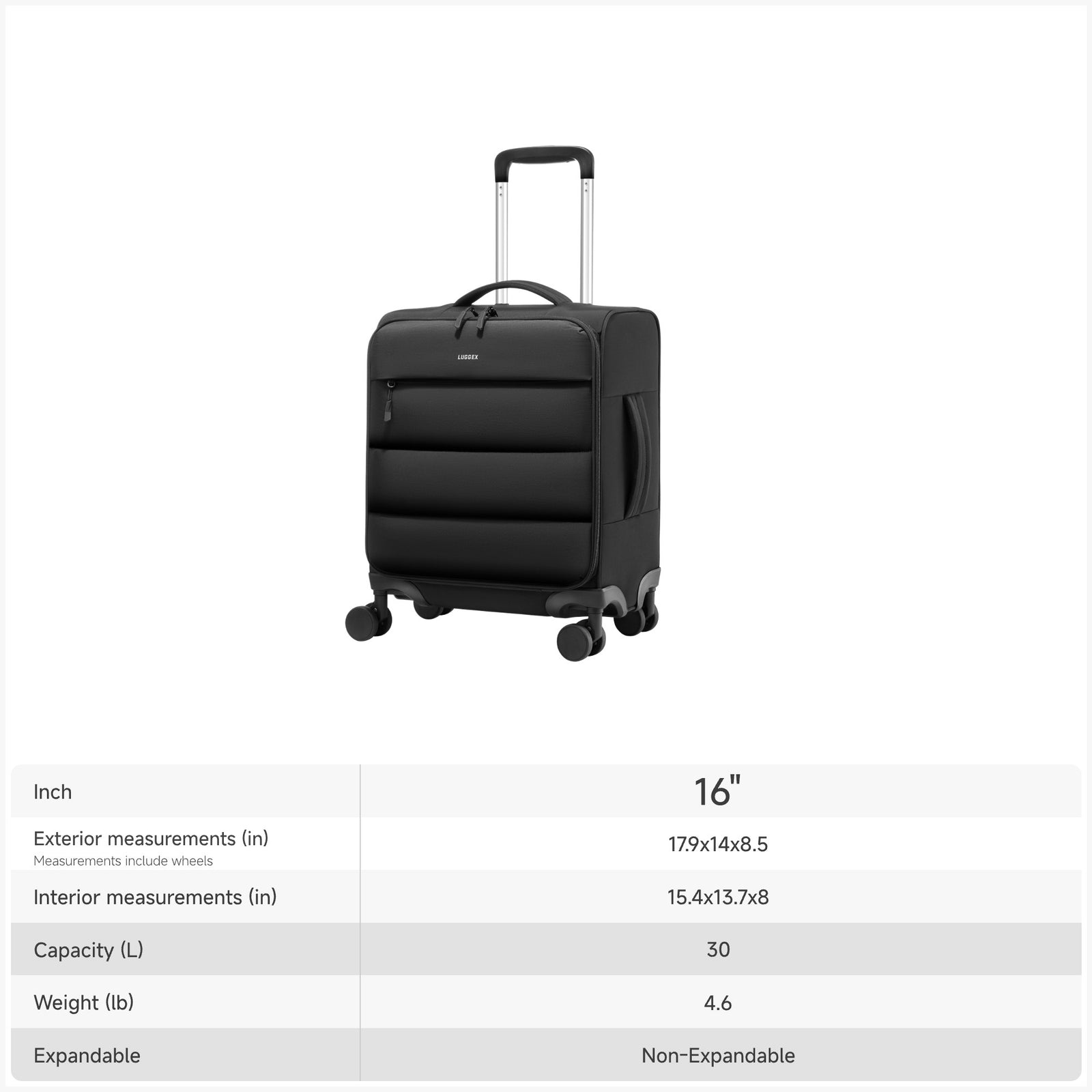 LUGGEX 16-inch underseat carry-on luggage with size chart showing exterior dimensions 17.9 × 14 × 8.5 inches, 30L capacity, and 4.6 lb weight.
