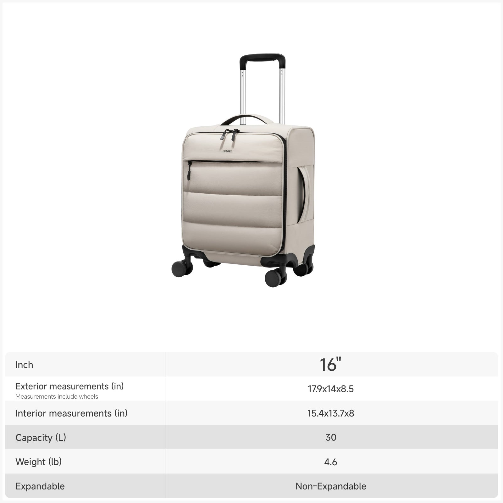 LUGGEX 16-inch underseat carry-on luggage with size chart showing exterior dimensions 17.9 × 14 × 8.5 inches, 30L capacity, and 4.6 lb weight.
