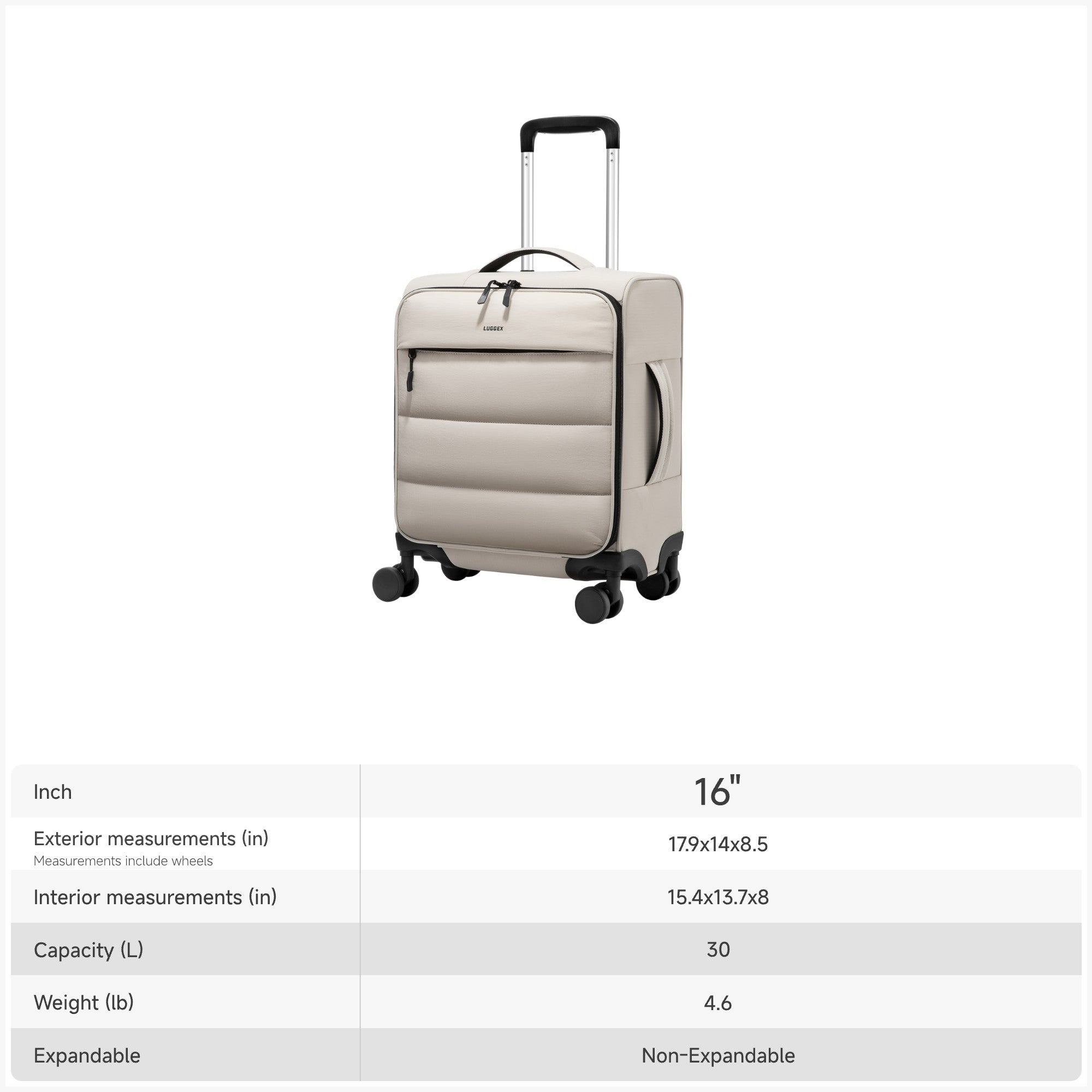 LUGGEX 16-inch underseat carry-on luggage with size chart showing exterior dimensions 17.9 × 14 × 8.5 inches, 30L capacity, and 4.6 lb weight.
#color-beige