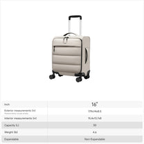 LUGGEX 16-inch underseat carry-on luggage with size chart showing exterior dimensions 17.9 × 14 × 8.5 inches, 30L capacity, and 4.6 lb weight.
