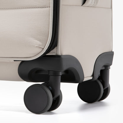 Close-up of LUGGEX 16-inch underseat carry-on luggage featuring 8 smooth and silent spinner wheels for stable and effortless rolling during travel.

