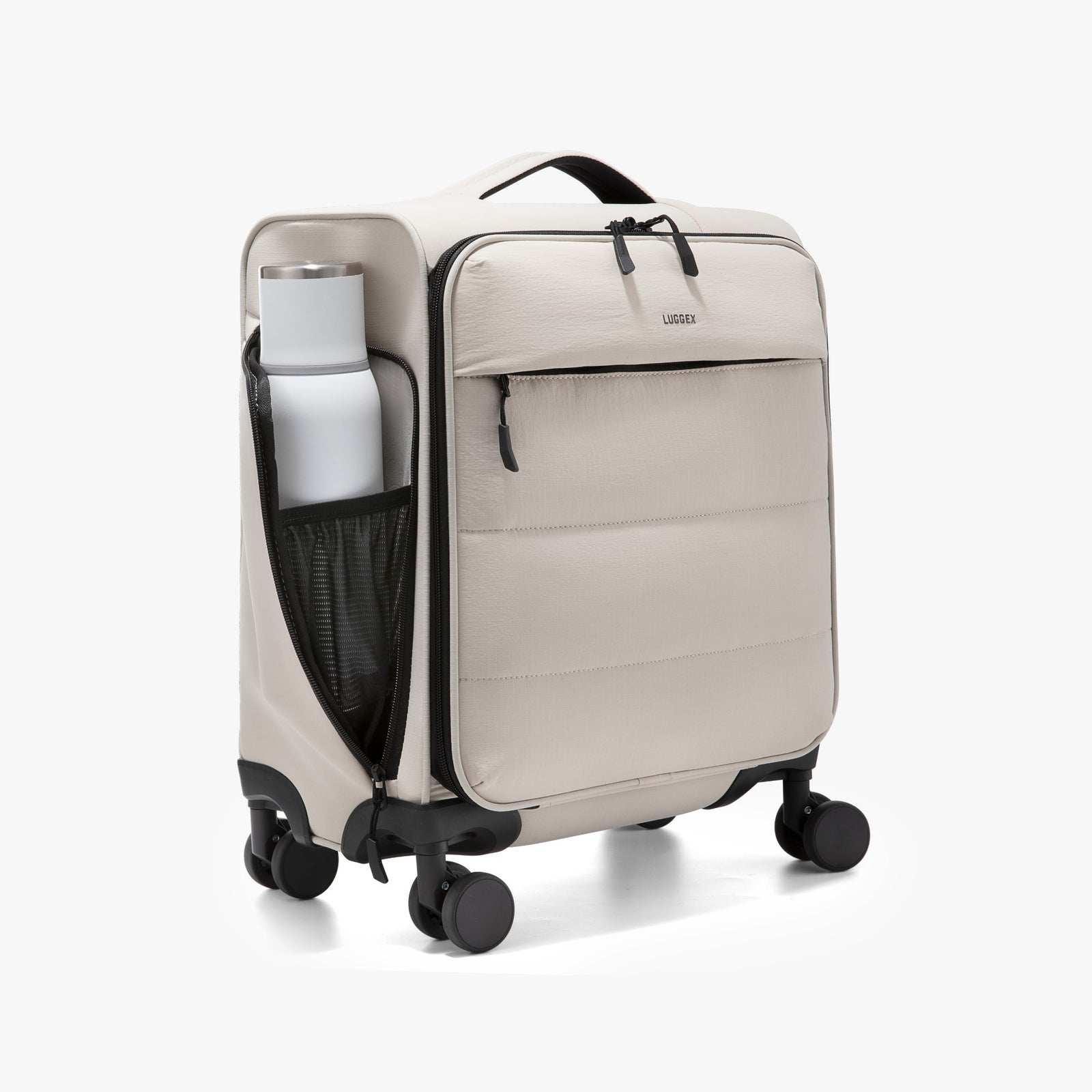 LUGGEX 16-inch lightweight underseat carry-on luggage with side mesh water bottle pocket, designed to hold bottles up to 7.5 cm in diameter for easy access during travel.
