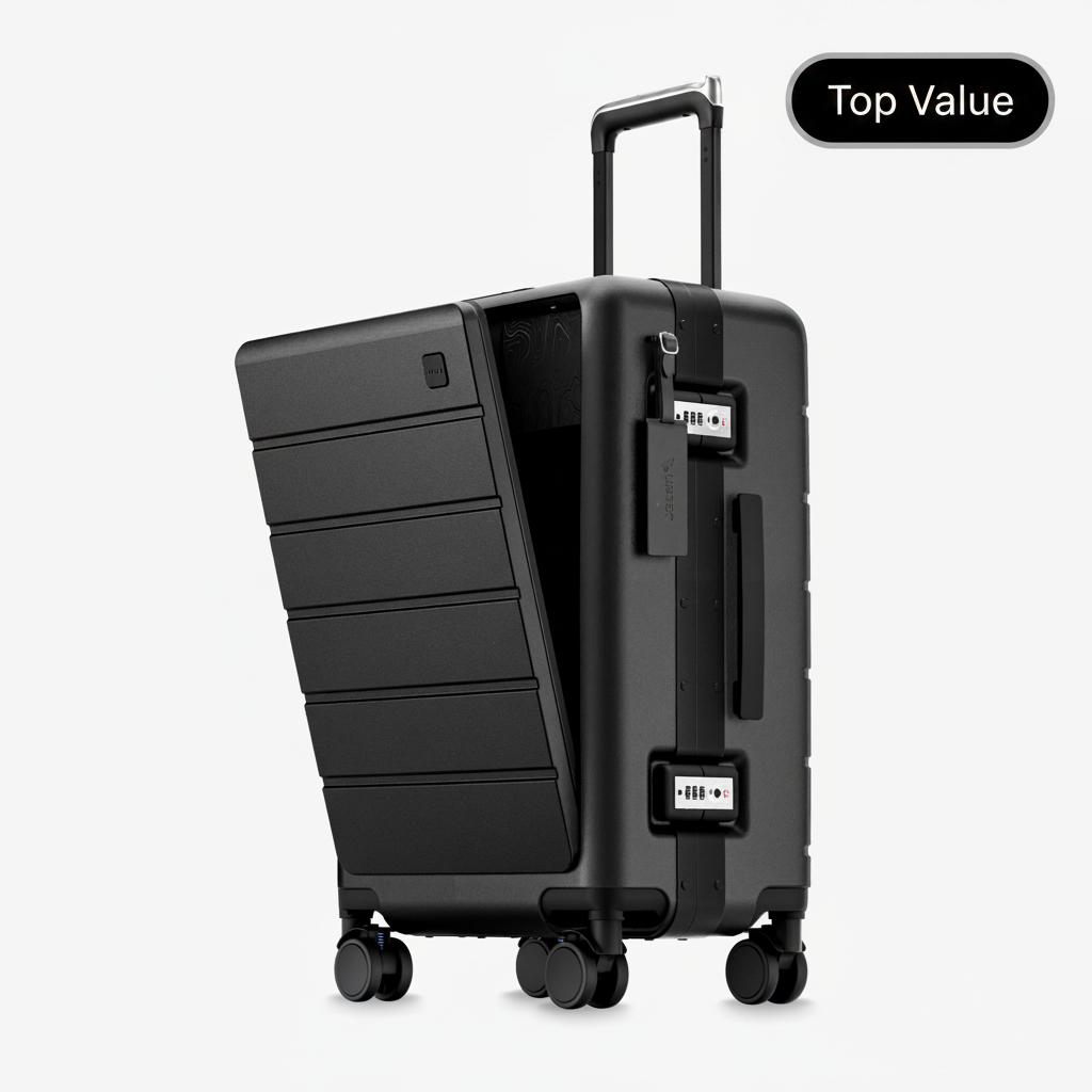 100% polycarbonate hard shell, and reinforced aluminum frame for durable protection and long-term travel use. #LUGGEX zipperless bigger carry-on suitcase with front-open design, 100% polycarbonate hard shell, and aluminum frame for durable, secure, and easy-access travel. #color_black #show