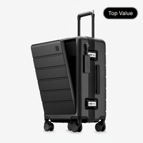 100% polycarbonate hard shell, and reinforced aluminum frame for durable protection and long-term travel use. #LUGGEX zipperless bigger carry-on suitcase with front-open design, 100% polycarbonate hard shell, and aluminum frame for durable, secure, and easy-access travel. #color_black #show
