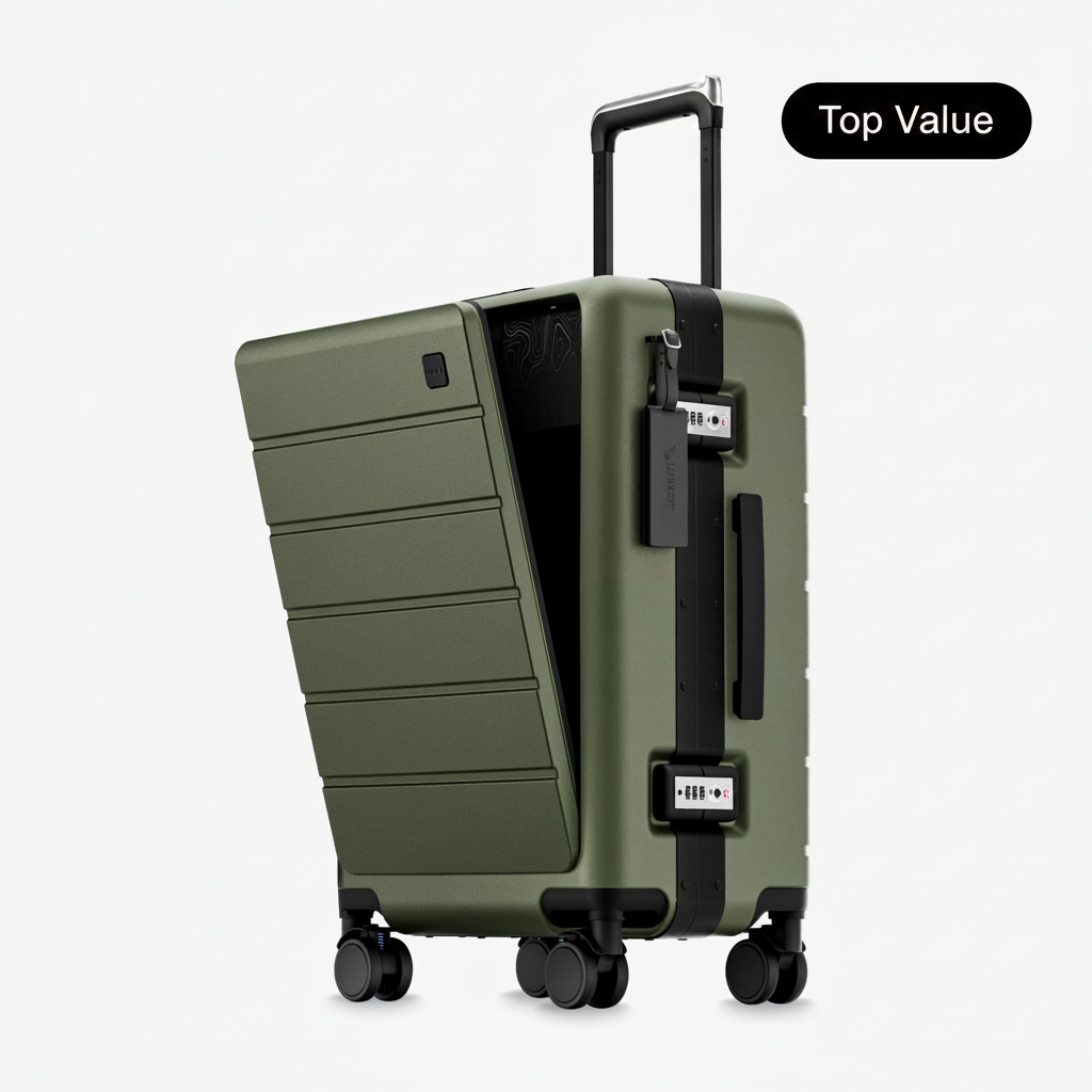 100% polycarbonate hard shell, and reinforced aluminum frame for durable protection and long-term travel use. #LUGGEX zipperless bigger carry-on suitcase with front-open design, 100% polycarbonate hard shell, and aluminum frame for durable, secure, and easy-access travel. #color_olive_green  #show