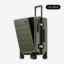 100% polycarbonate hard shell, and reinforced aluminum frame for durable protection and long-term travel use. #LUGGEX zipperless bigger carry-on suitcase with front-open design, 100% polycarbonate hard shell, and aluminum frame for durable, secure, and easy-access travel. #color_olive_green  #show