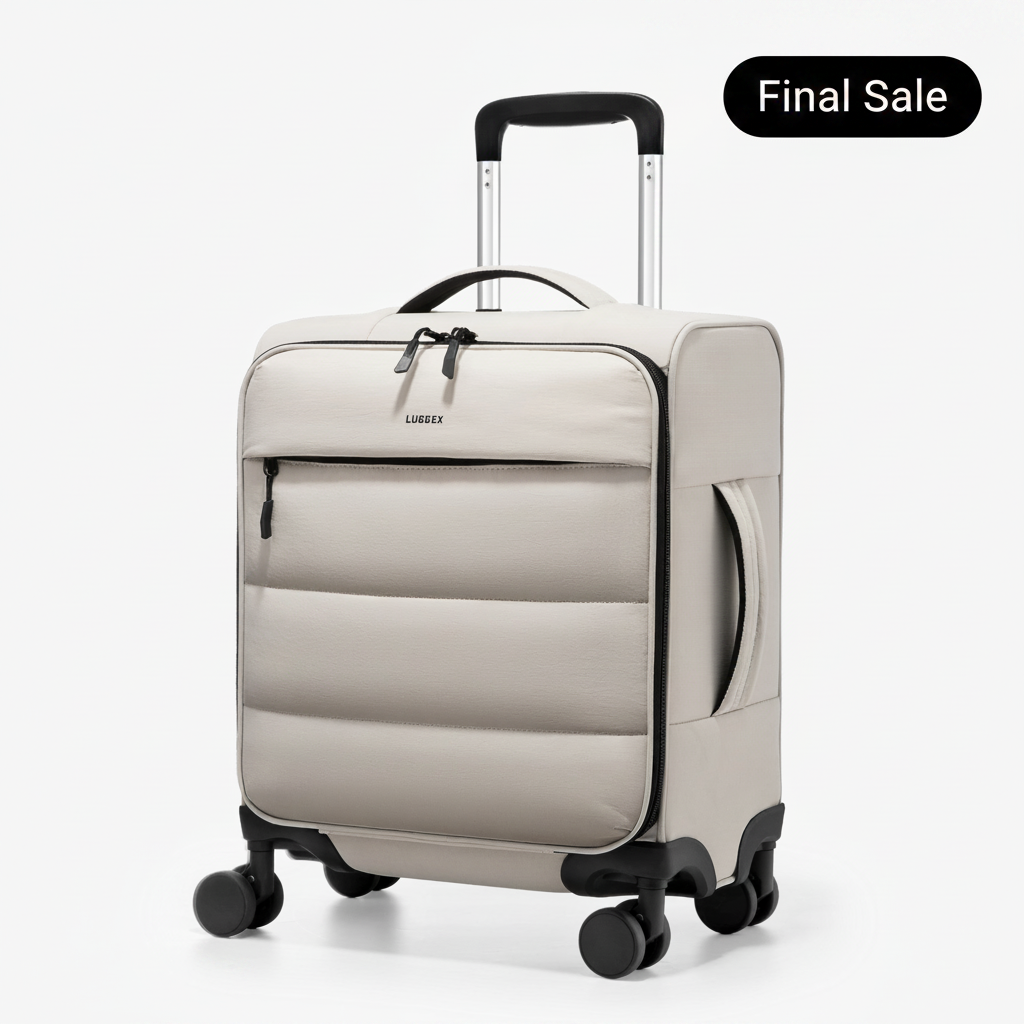 LUGGEX 16-inch lightweight puffy underseat carry-on luggage with spinner wheels, compact travel suitcase designed to fit under airplane seats and overhead bins. #show color-beige