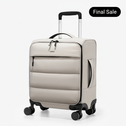 LUGGEX 16-inch lightweight puffy underseat carry-on luggage with spinner wheels, compact travel suitcase designed to fit under airplane seats and overhead bins. #show color-beige