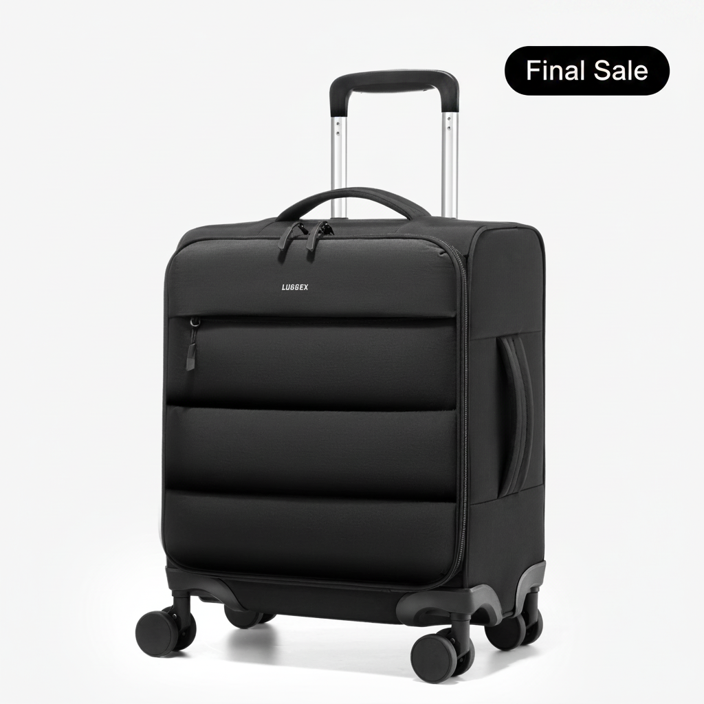 LUGGEX 16-inch lightweight puffy underseat carry-on luggage with spinner wheels, compact travel suitcase designed to fit under airplane seats and overhead bins. #show color-black