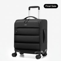 LUGGEX 16-inch lightweight puffy underseat carry-on luggage with spinner wheels, compact travel suitcase designed to fit under airplane seats and overhead bins. #show color-black