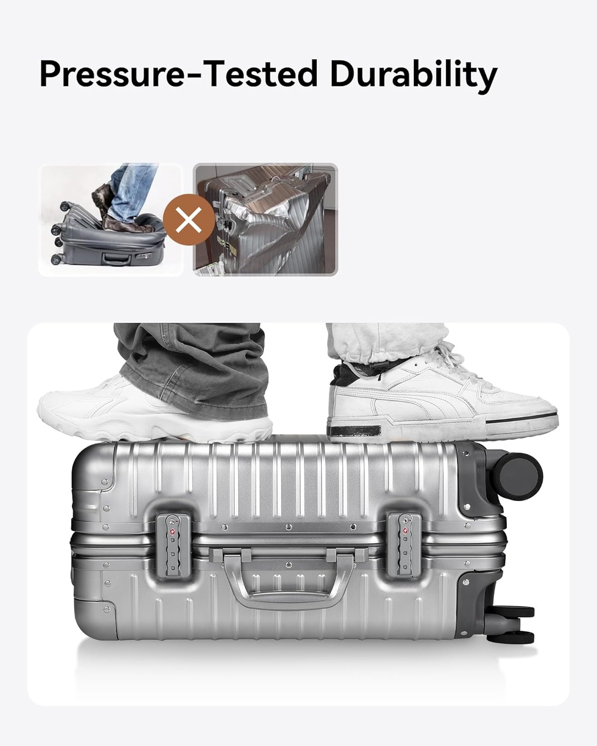Durable Aluminum Carry-On Luggage with Zipperless Design & Reinforced Corner Protectors, Drop Tested for Impact Resistance (Overhead View)
#color_silver
