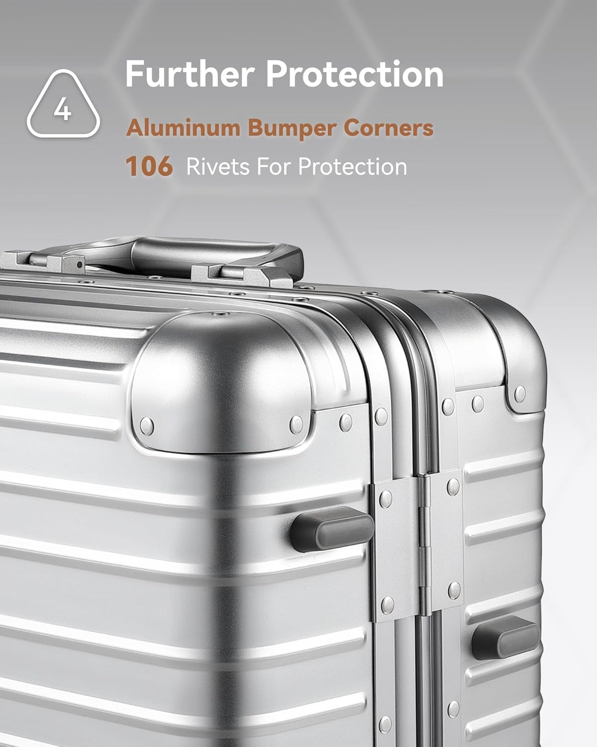 Zipperless aluminum carry-on luggage with TSA-approved anti-mishandling lock, secure seamless design prevents accidental opening, durable lightweight travel gear for airport security compliance
#color_silver