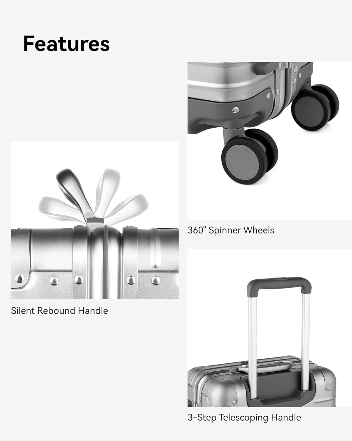 Zipperless Aluminum Carry-On Luggage with TSA Lock, Shock-Absorbing Wheels & Anti-Misoperation Design for Secure Travel Essentials
#color_silver