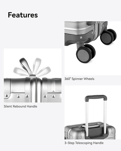 Zipperless Aluminum Carry-On Luggage with TSA Lock, Shock-Absorbing Wheels & Anti-Misoperation Design for Secure Travel Essentials
#color_silver