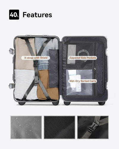 Black Aluminum Zipperless Carry-On Luggage with Reinforced Corner Protectors, Stylish Front-View Design for Modern Travel Essentials
