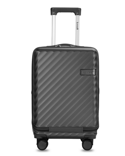 polycarbonate carry-on luggage with expandable design, built-in laptop compartment & convenient cup holder for travel essentials.
