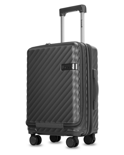 Black polycarbonate carry-on luggage with expandable design, built-in laptop compartment & convenient cup holder for travel essentials.
