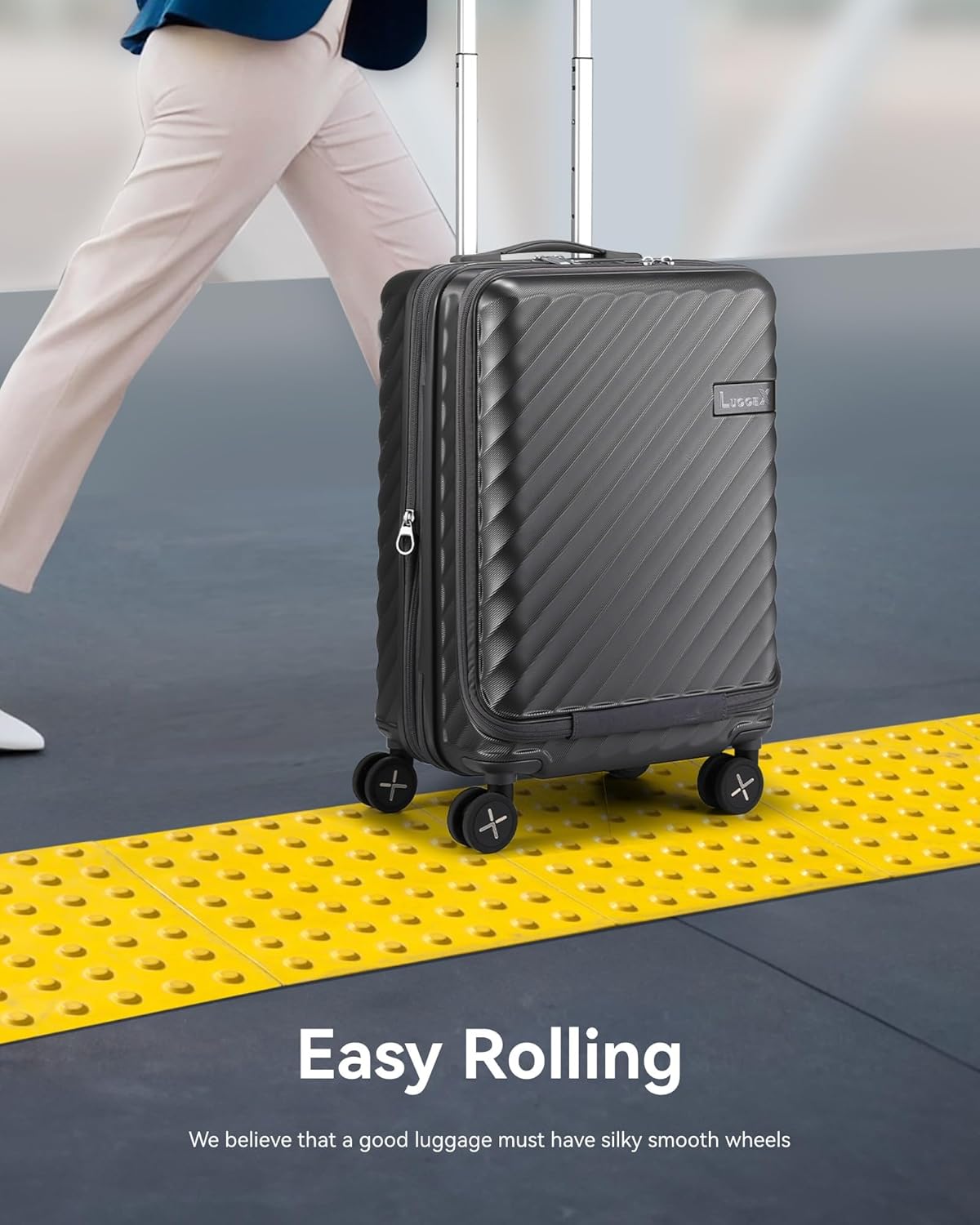 wheel carry-on luggage glides butter-smooth across asphalt roads, carpeted floors, sidewalks, and cobblestone paths with durable internal structure optimized for travel comfort.
