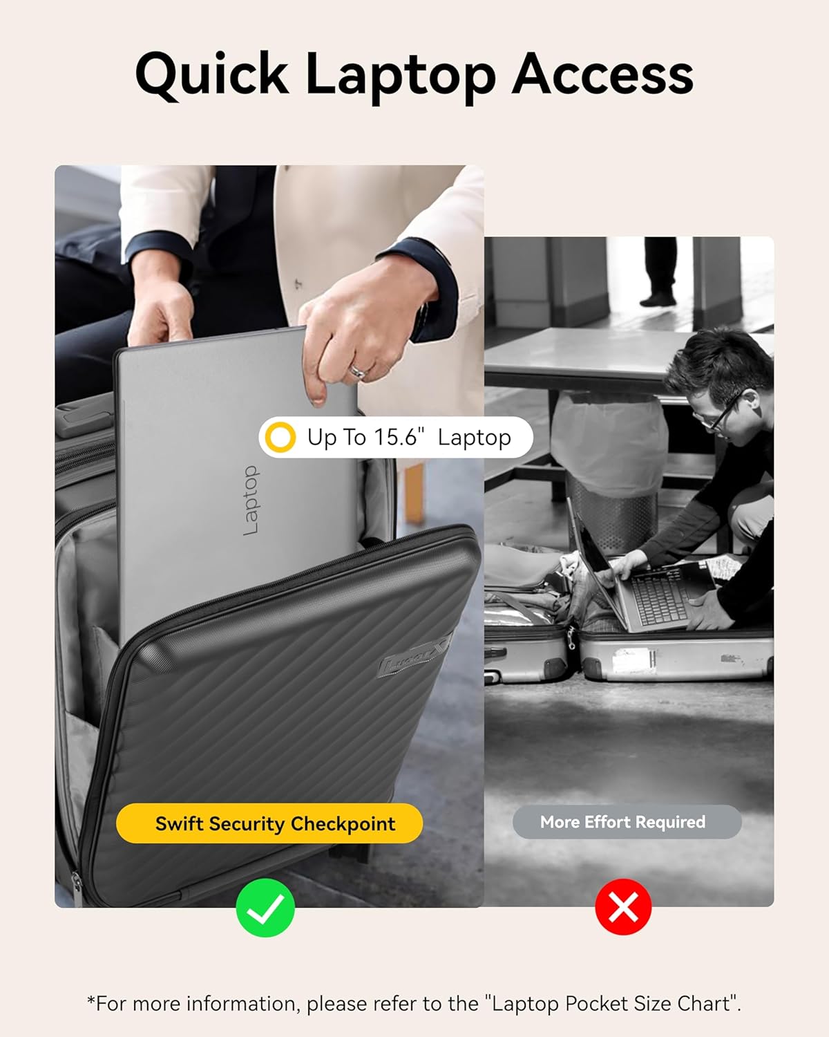 Carry-On Luggage Front Pocket: TSA-friendly quick-access compartment for laptop, airport security & business travel convenience
