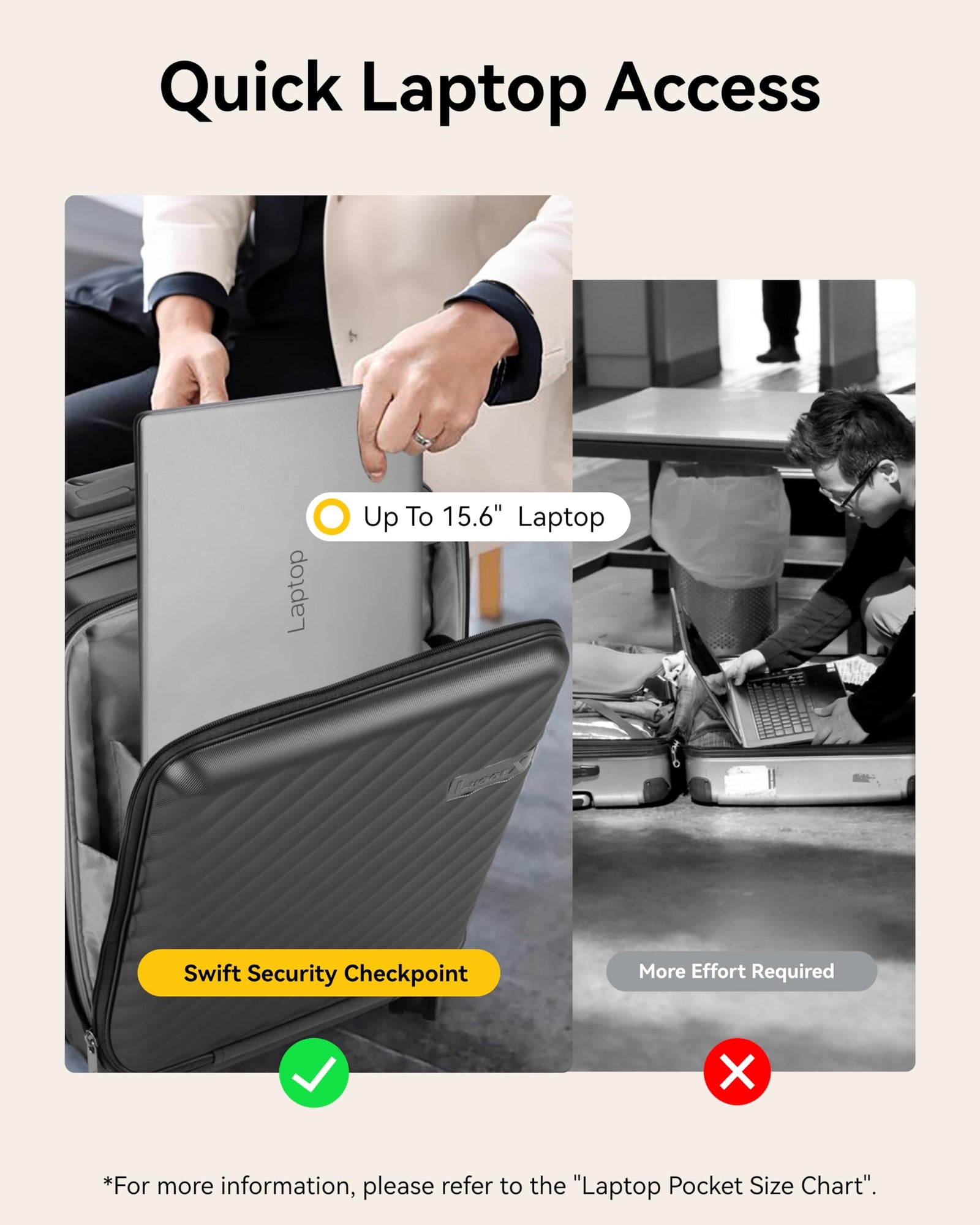 Carry-On Luggage Front Pocket: TSA-friendly quick-access compartment for laptop, airport security & business travel convenience
